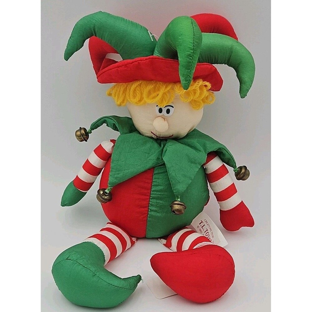 Christmas ELF Jester Doll Sitter Red & Green Puffy Cloth 12" Plush Stuffed